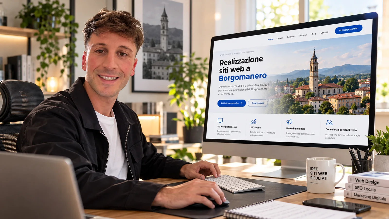 Mattia Ciavarro al computer con un mockup della landing di realizzazione siti web a Borgomanero