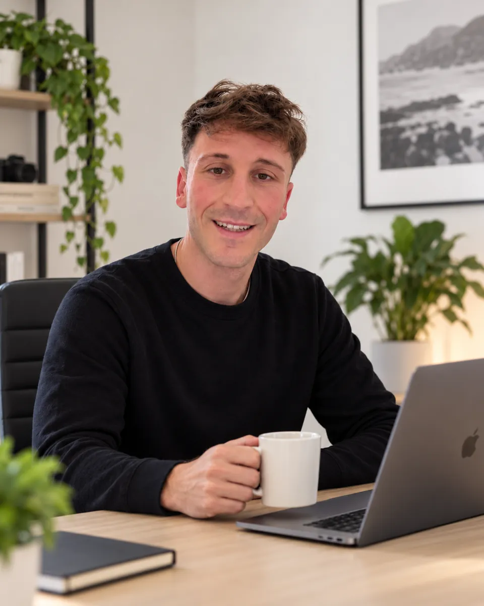 Mattia Ciavarro al computer nel suo ambiente di lavoro