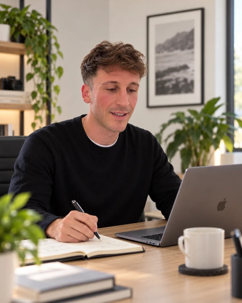 Mattia Ciavarro prende appunti alla scrivania durante la progettazione di un sito WordPress