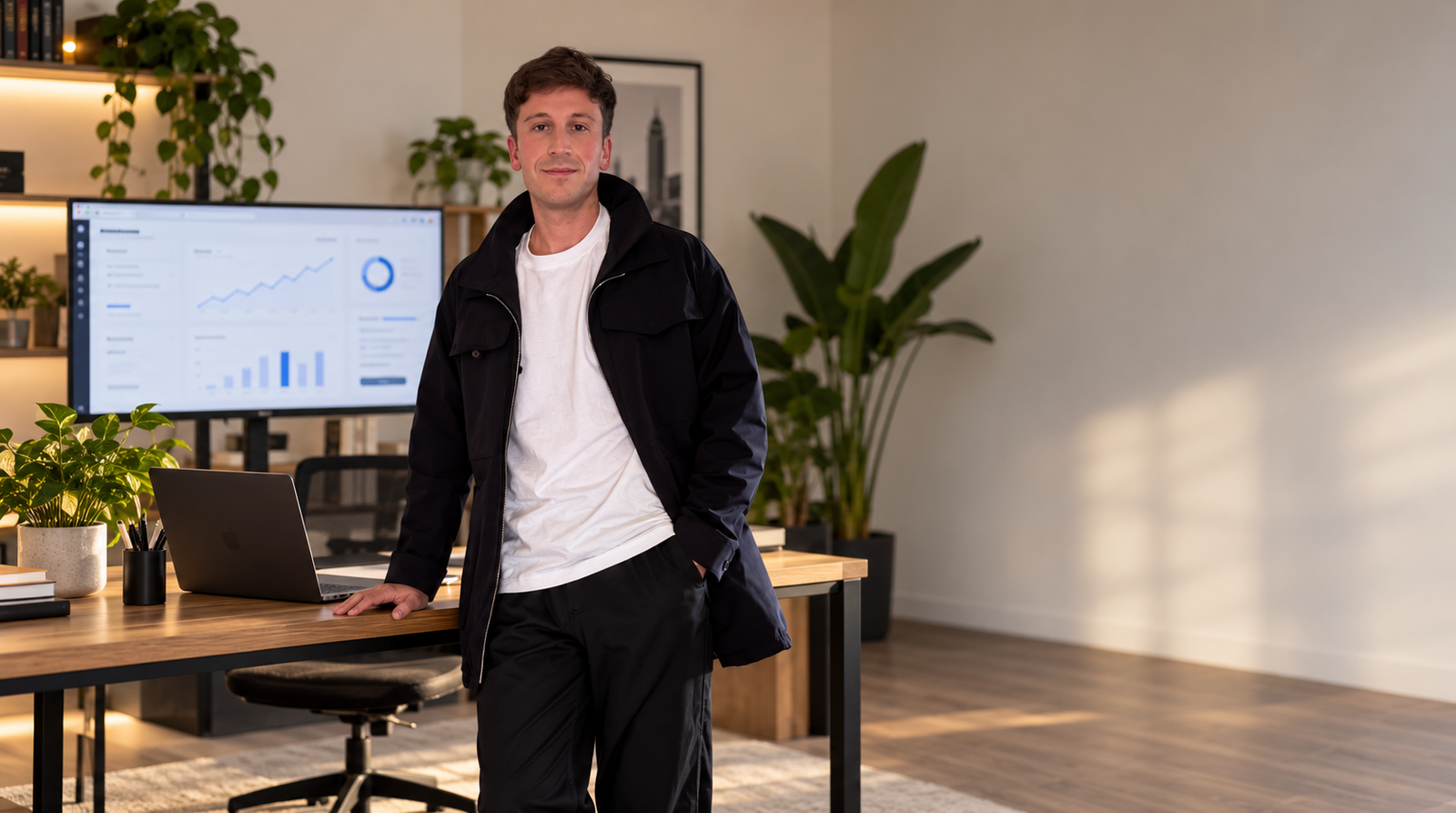 Mattia Ciavarro in uno spazio di lavoro con computer e grafici per l'analisi delle strategie di web marketing.