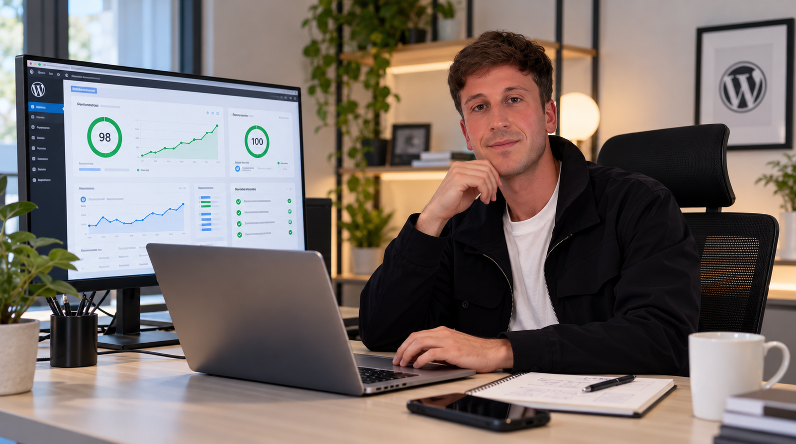 Mattia Ciavarro alla postazione di lavoro con un monitor che mostra una dashboard per l'analisi delle prestazioni di un sito WordPress.