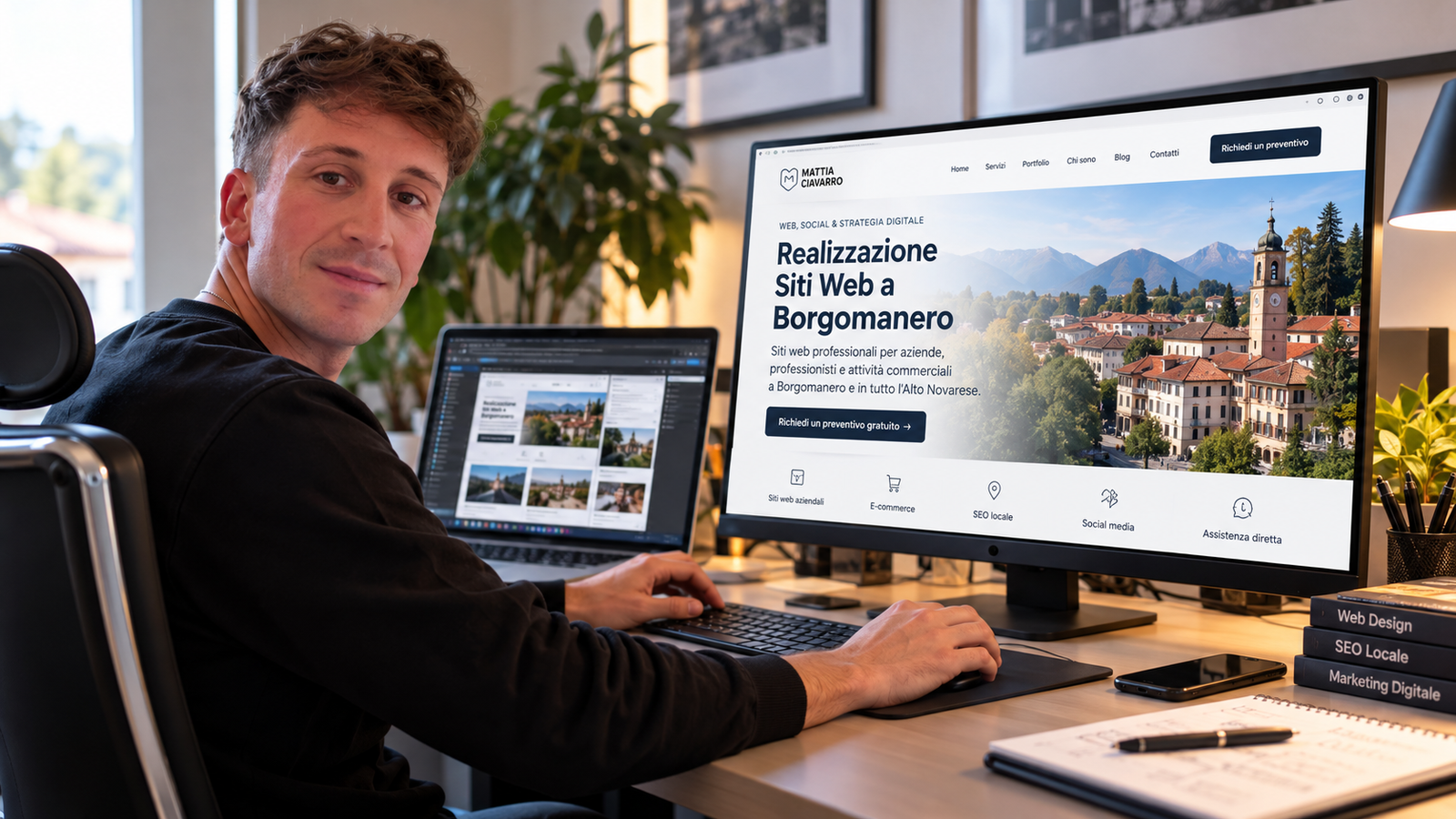 Mattia Ciavarro al lavoro su una landing page per aziende e professionisti di Borgomanero