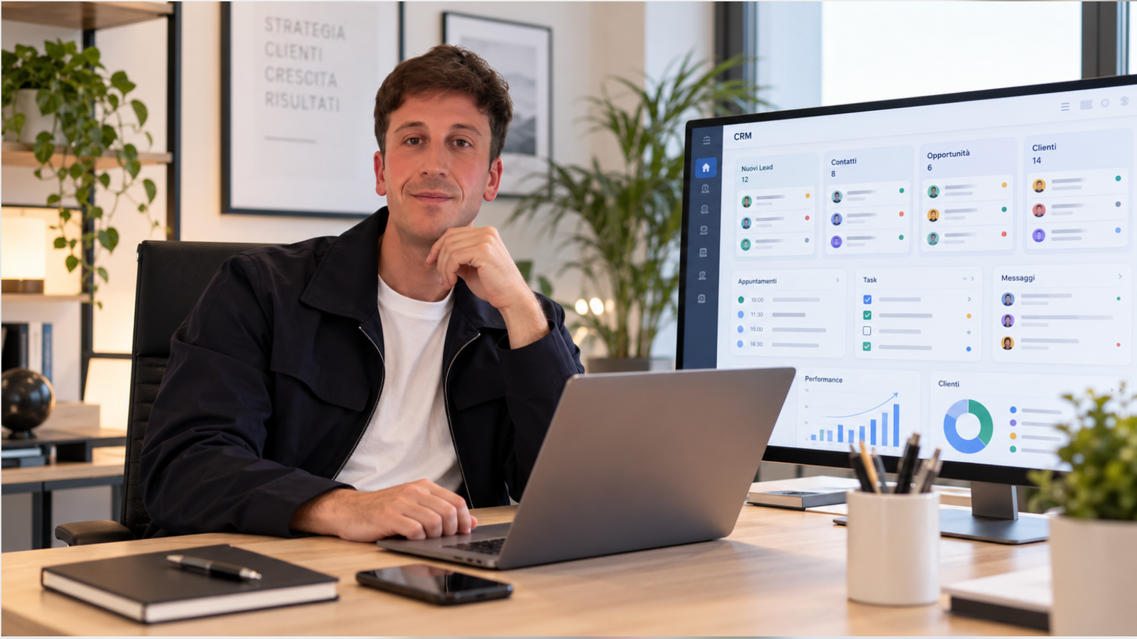 Mattia Ciavarro alla scrivania con un monitor che mostra una dashboard CRM per la gestione di contatti, clienti e opportunità commerciali.