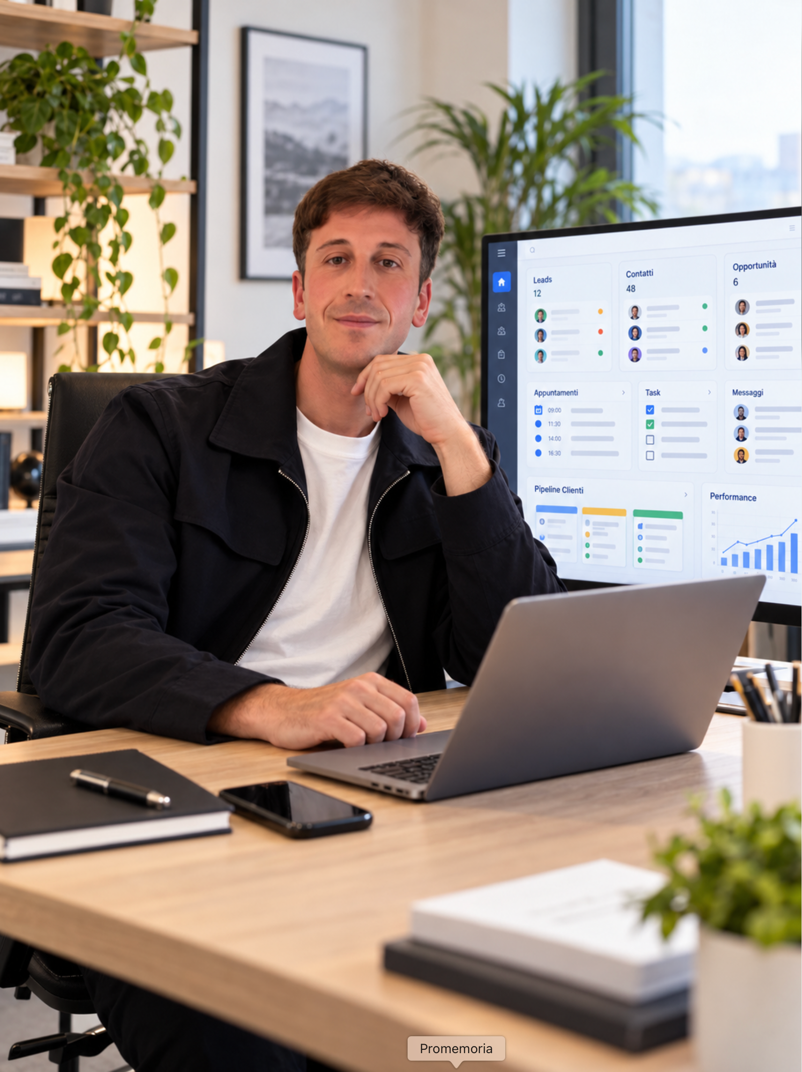 Mattia Ciavarro alla scrivania con un monitor che mostra una dashboard CRM per la gestione di contatti, clienti e opportunità commerciali.