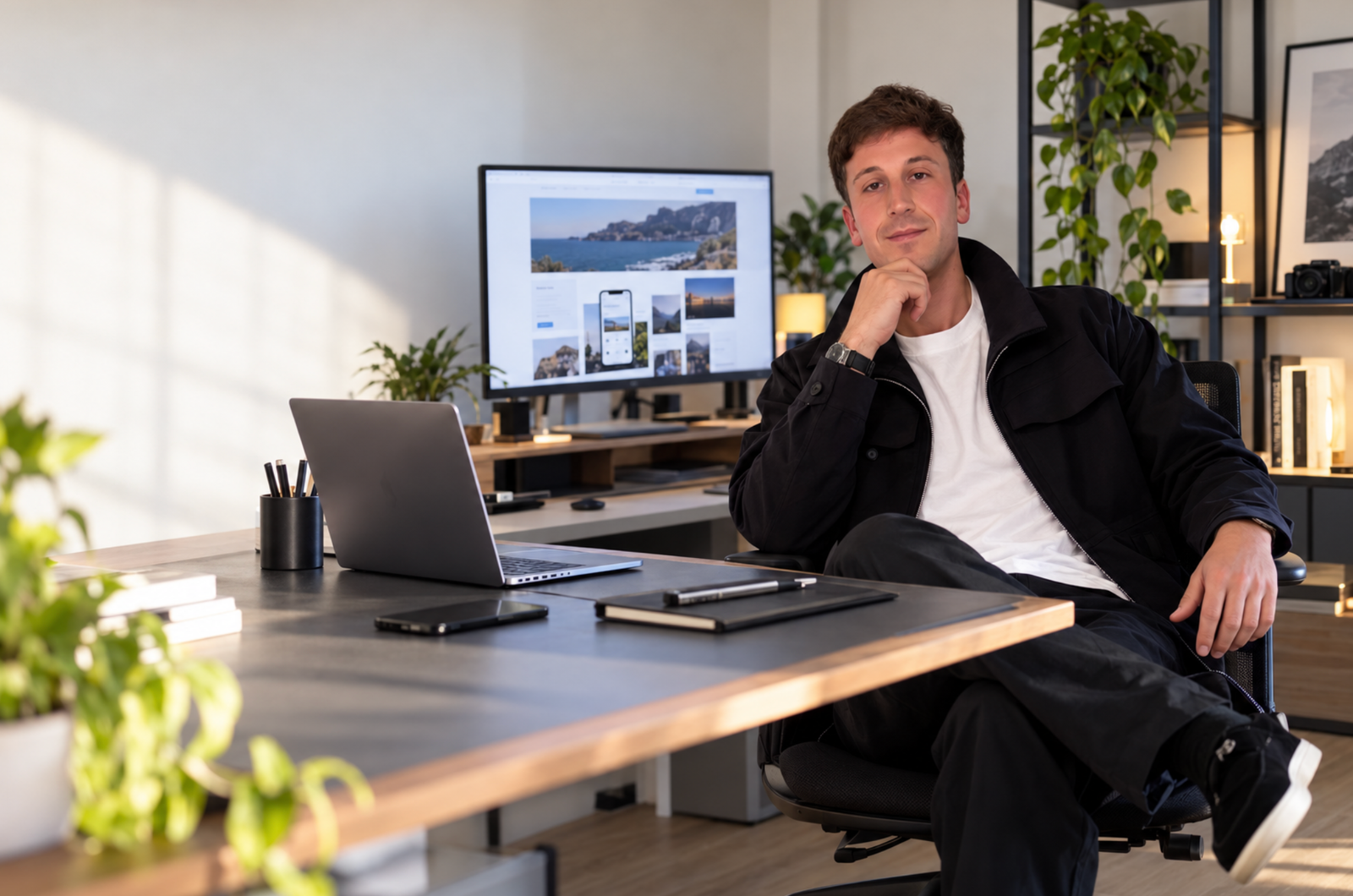 Mattia Ciavarro alla postazione di lavoro con computer, consulente web marketing e realizzazione siti web ad Arona.