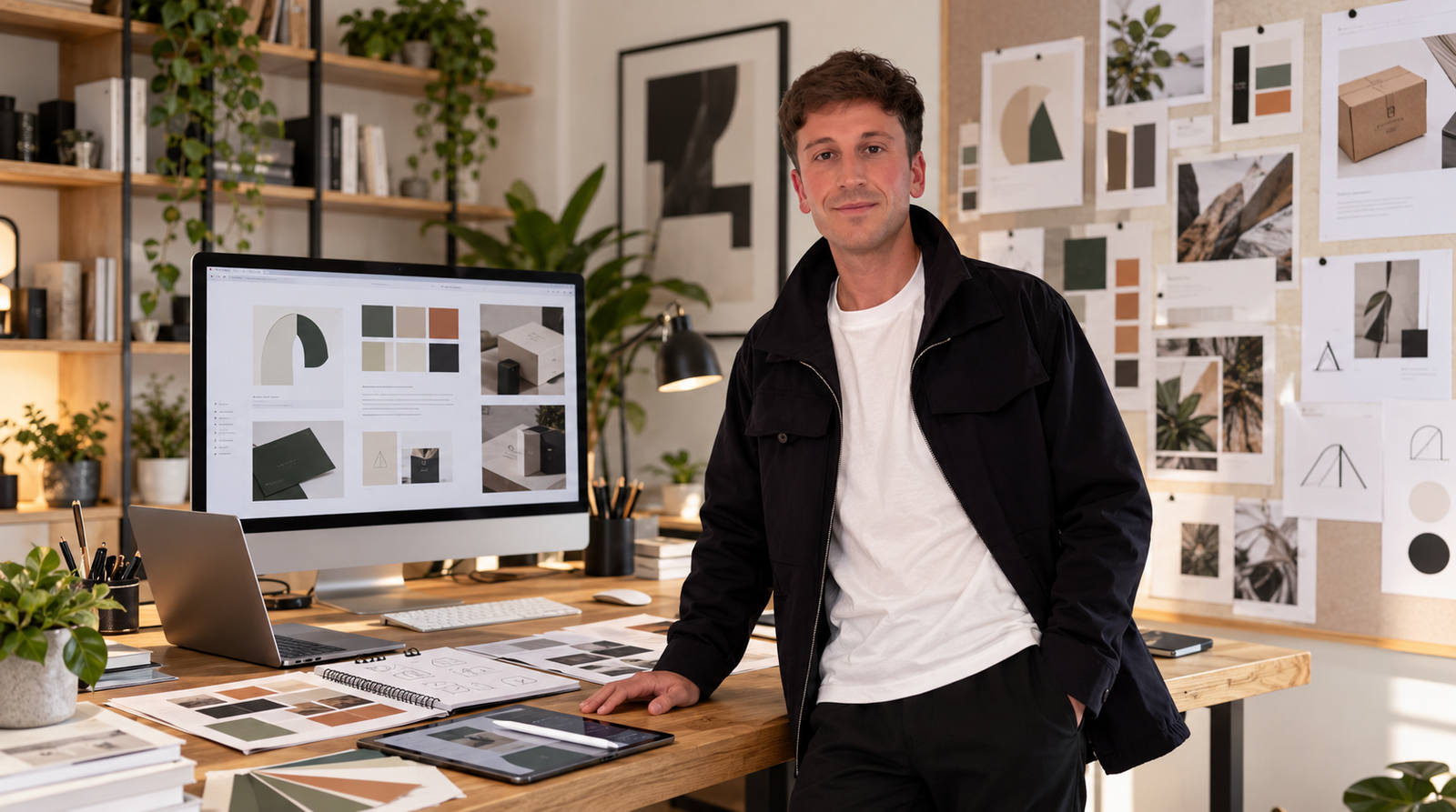 Mattia Ciavarro in uno studio creativo con monitor, palette colori, progetti grafici e materiali per la progettazione dell'identità visiva.