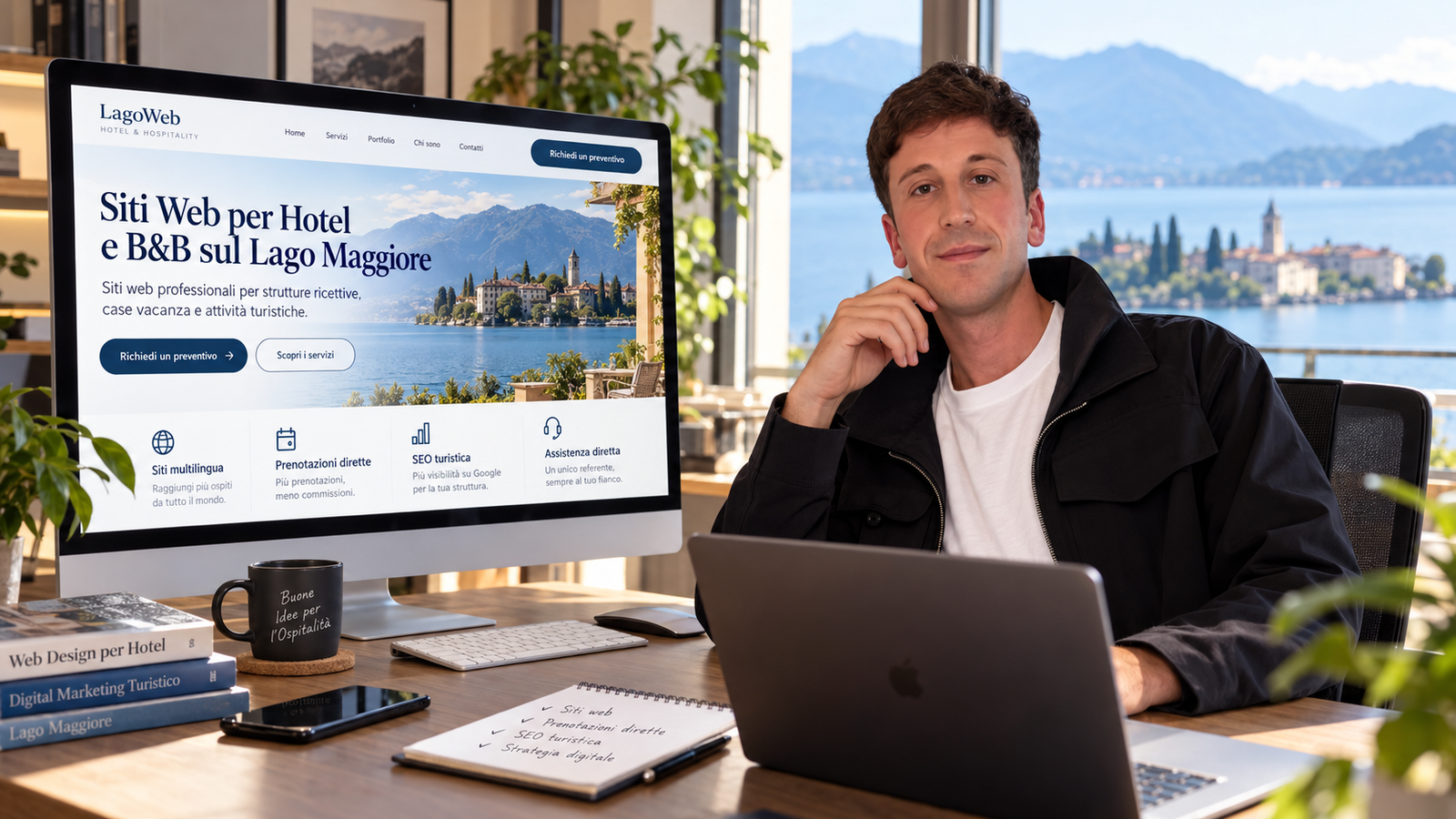 Mattia Ciavarro al computer accanto a un esempio di landing page per hotel e B&B sul Lago Maggiore
