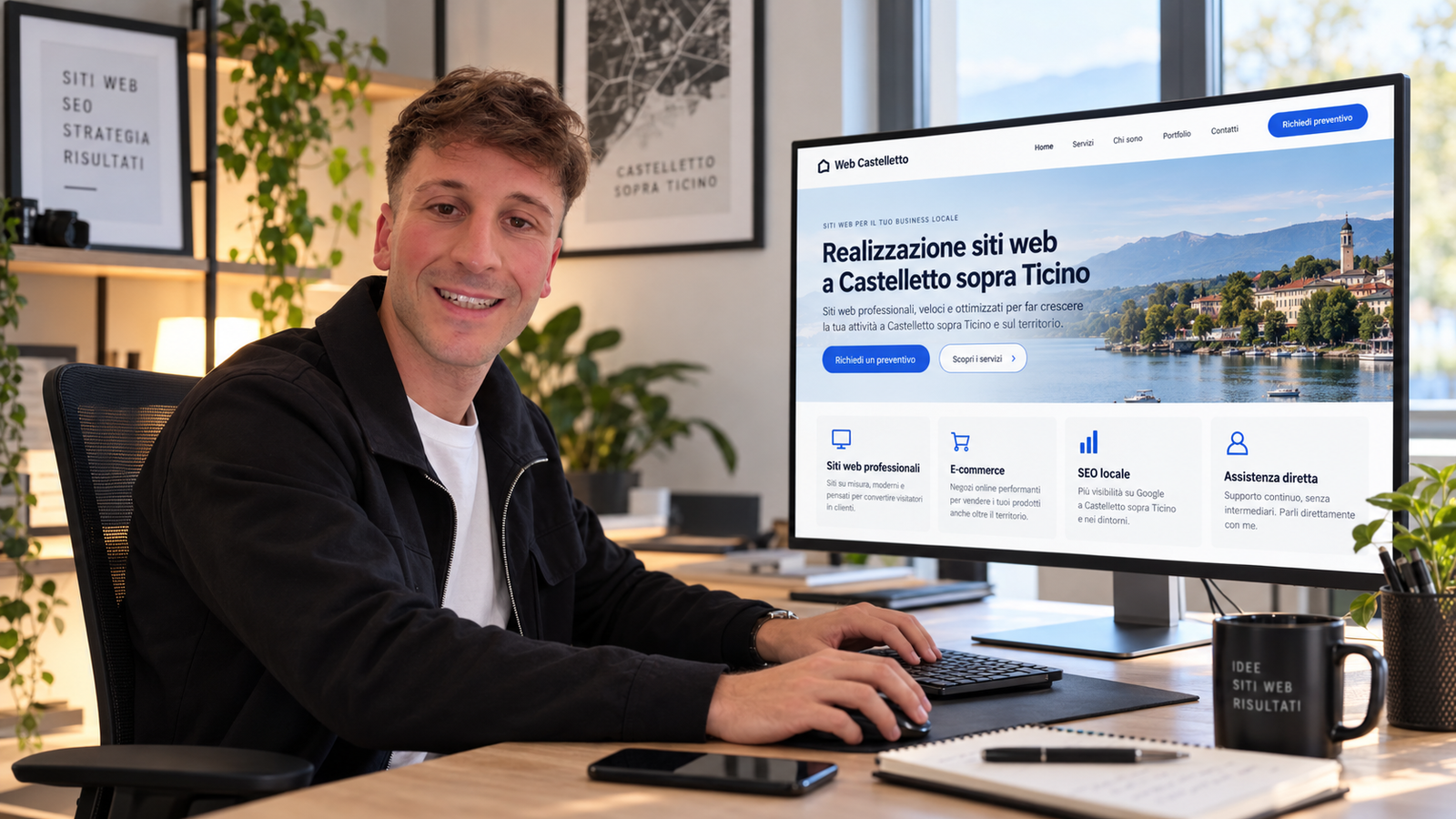 Mattia Ciavarro al computer con un esempio di landing page per siti web a Castelletto sopra Ticino